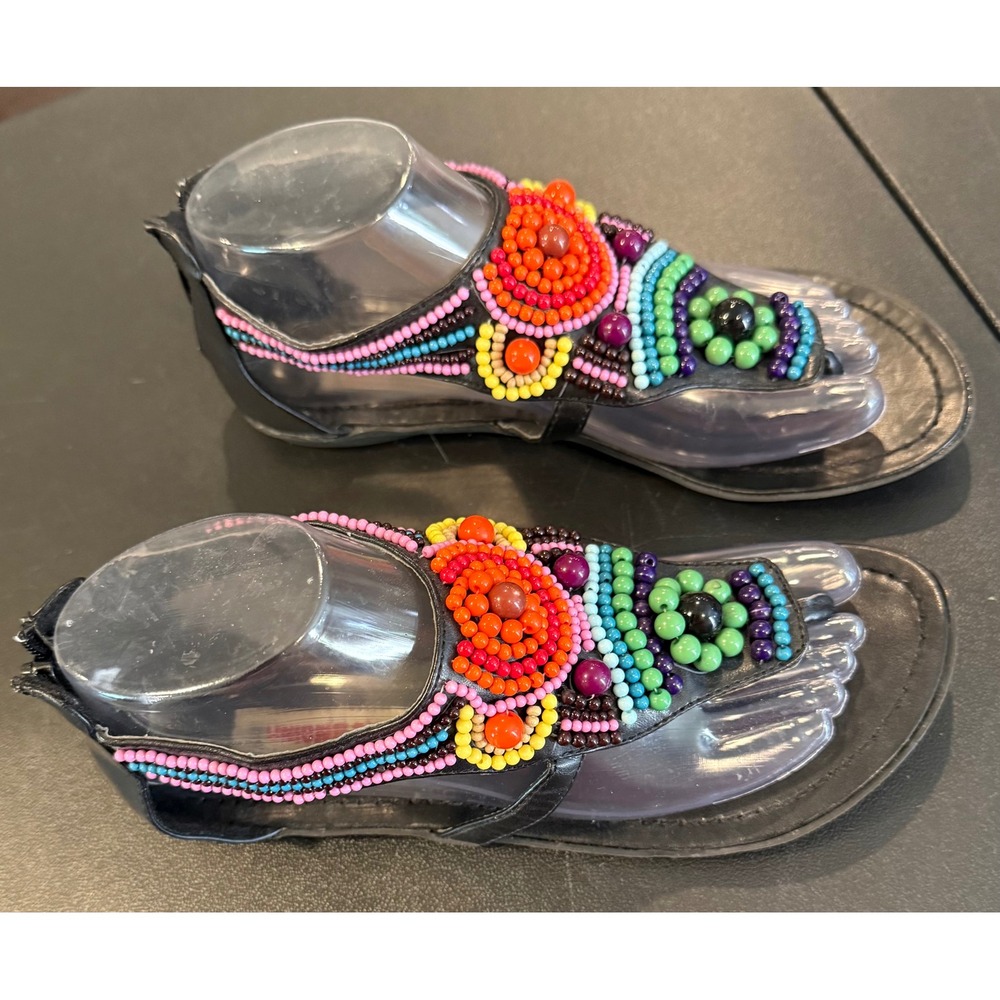 Unionbay Womens 8 Sandals Black Multi Color Beaded Bohemian Thong Back Zip Flat - Picture 2 of 9
